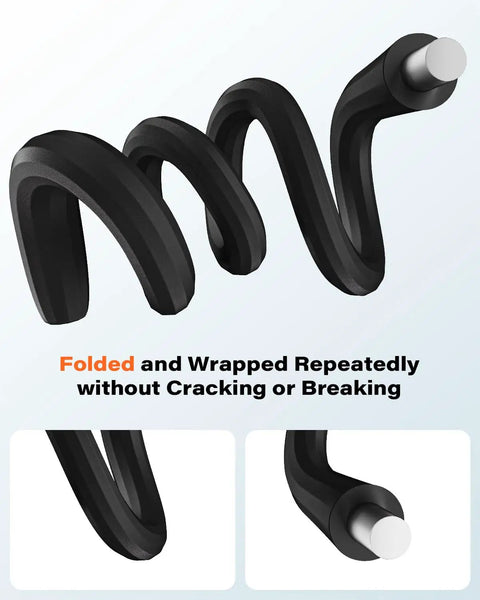 Flexible Gooseneck MagSafe Phone Holder for iPhone showing durability in folded and twisted position, black gooseneck detail.