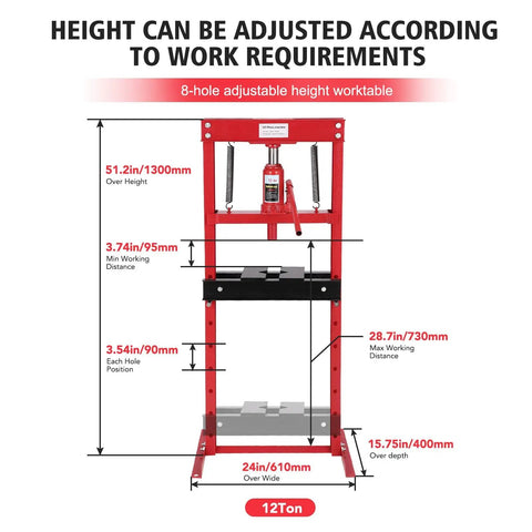 Heavy Duty 12 Ton H Frame Hydraulic Shop Press With Adjustable Work Table And Solid Steel Plates dimensions and adjustable height features