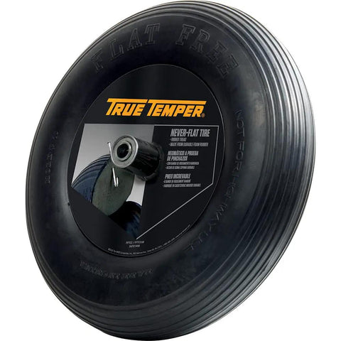 Never Flat 8 Inch Wheelbarrow Tire With Ribbed Tread, Solid Polyurethane Wheel, No Inflation Needed, 16 Inch Wheel, Six One Eighth Inch Hub