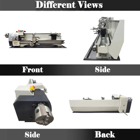 Lgxenzhuo 1100W Double Head Mini Metal Lathe With MT5 Spindle Taper And 8x32 Inch Bench views from front, side, and back for woodworking and industrial use.