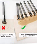 Leather Craft Tool Set 20Pcs Saddle Stamp Punch Kit shows effect on dry vs wet leather for detailed impressions