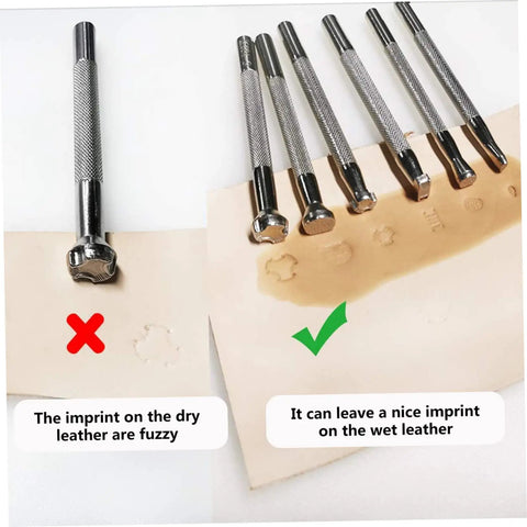 Leather Craft Tool Set 20Pcs Saddle Stamp Punch Kit shows effect on dry vs wet leather for detailed impressions