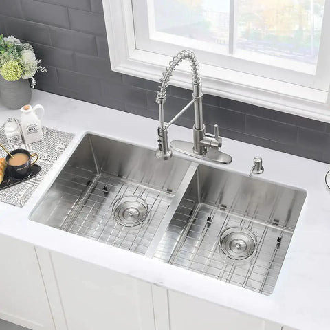 33 Inch Undermount Double Bowl Kitchen Sink Stainless Steel 16 Gauge Deep Basins With Cutting Board Rust Resistant Brushed Satin Finish Beefy Heavy Duty Design For Modern Kitchens
