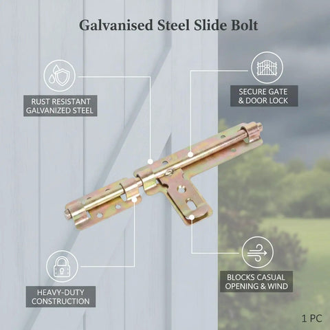 Badass Heavy Duty Slide Bolt Latch For Secure Garden Gates Barn Doors And Tight Garage Closures Featuring Smooth Manual Operation And Rust Proof Weathered Coating on a wooden background.