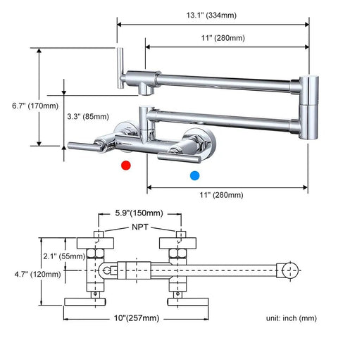 Dimensions of Chrome Pot Filler Faucet For Hot And Cold Water Wall Mounted Kitchen Folding Faucet Over Stove Solid Brass Dual Handle