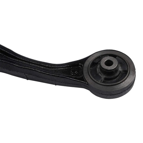 Front lower control arm with bushing, black metal, close-up view