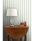 Kickin Green Stripe Textured Vinyl Wallpaper With Rock Solid Durability For Commercial And Home Spaces Custom Printed Top Shelf Heavy Wallcovering Paste Required Install For Offices Hotels And Restaurants, featuring a lamp on a wooden table with decor.