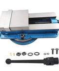 Badass Precision 6 Inch X 7.87 Inch Swivel Mill Vise with accessories and blue base, designed for stable metal fabrication tasks.