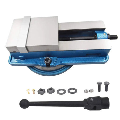 Badass Precision 6 Inch X 7.87 Inch Swivel Mill Vise with accessories and blue base, designed for stable metal fabrication tasks.
