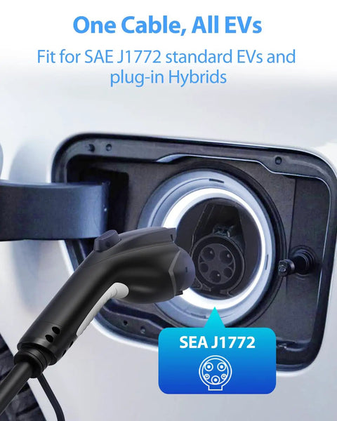 Heavy Duty J1772 EV Charger Extension Cable 50Amp 20 Feet at electric vehicle charging port, showcasing compatibility with J1772.