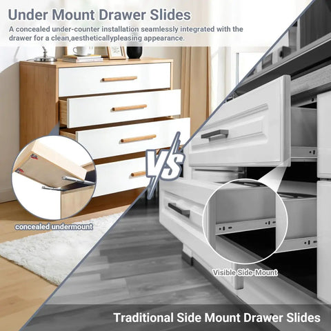 Under Mount Drawer Slides vs Traditional Side Mount showing concealed 21 inch slides. Ideal for clean modern installations.