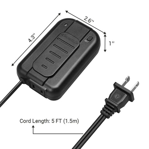 Plug In Lamp Dimmer Switch With Foot Slide Control For Dimmable LED CFL And Incandescent Bulbs Table Lamp Dimmer 5 Foot Extension Cord No Fuss Easy Reach ETL Listed Black, dimensions labeled.