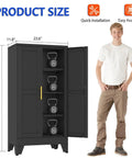 Tall 47.2 Inch Metal Garage Storage Cabinet With Door And Adjustable Shelves For Indoor And Outdoor Use Heavy Duty Steel Tool Cabinet shown beside a person
