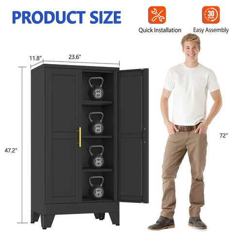 Tall 47.2 Inch Metal Garage Storage Cabinet With Door And Adjustable Shelves For Indoor And Outdoor Use Heavy Duty Steel Tool Cabinet shown beside a person