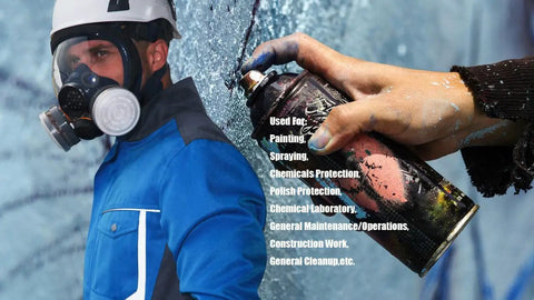Man wearing Full Face Respirator Mask for Organic Vapors and Paint Fumes with Dual Cartridges, spray painting nearby wall.