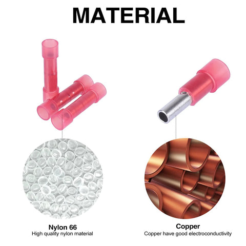 Red PA66 nylon fully insulated butt connectors for 22-16 AWG wire, 100 pcs