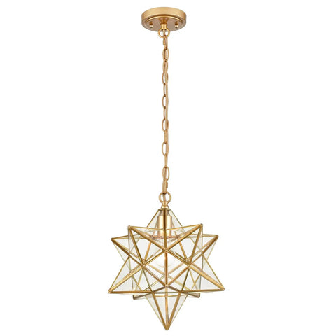 Moravian Star Brass Pendant Light, Dope Modern 14 Inch Ceiling Fixture With Clear Glass Shade and Brass Chain