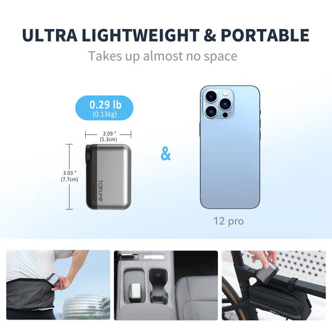 Ultra Portable Mini Bike Tire Pump With Digital Gauge And Auto Stop At 120 PSI Type C Rechargeable Battery Presta And Schrader Valve Compatible Lightweight Electric Bike Pump For On The Go next to smartphone visually showing size