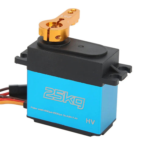 Hella Tight 25Kg Digital Metal Gear Servo Delivering Nasty Torque And Lightning Fast Coreless Response Perfect For 1/10 Scale RC Crawlers Trucks And Robotic DIY close-up showing blue body and gold servo horn