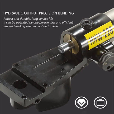 No Sweat One Hand Setup Smooth Gooseneck Bend Heavy Duty Hydraulic Tube Bender Portable Handheld Pipe Bender With Premium Seven Piece Die Kit For Copper Aluminum Composite Tubing Pro Grade Shop To Job Site Rig hydraulic bender close-up showing precision bending mechanism.