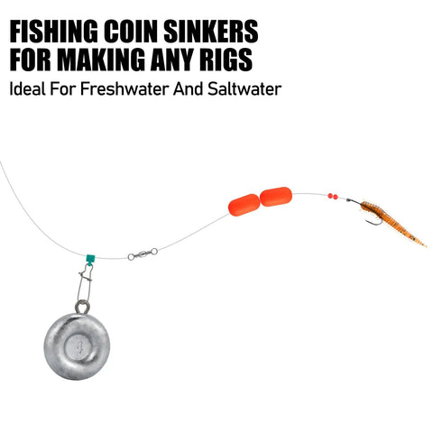 Five Pack Coin Sinkers Fishing Weights Disc Weights No Roll Lead Weights for Freshwater and Saltwater Fishing 4oz setup