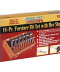 Packaging of Forstner Bit Set with Hex Shank 16-Piece, showcasing steel bits and wooden storage box on red background.