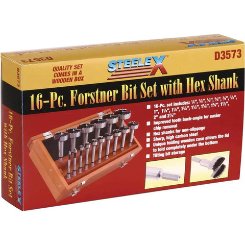 Packaging of Forstner Bit Set with Hex Shank 16-Piece, showcasing steel bits and wooden storage box on red background.