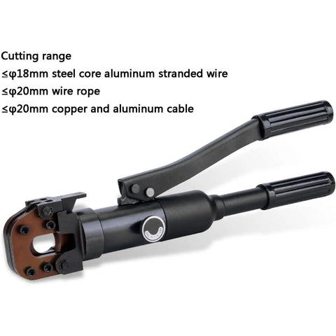 Heavy Duty Hydraulic Cable Cutter Pliers With 6 Ton Cutting Capacity For Ropes And Wires, shown in profile with cutting specifications.