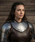 Person wearing Badass Medieval Knight Steel Pauldrons With Gorget Set For LARP And Ren Faire Costume Armor, realistic and battle ready.