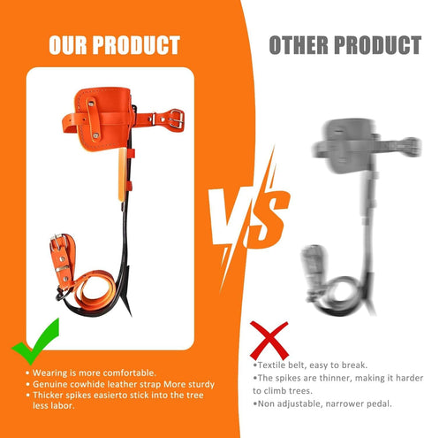 Pro Grade Tree Climbing Spikes Set with Alloy Steel Spurs Versus Competitor Product Illustration