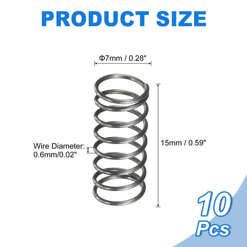 Ten Pack 7mm OD Compression Springs With 0.6mm Wire Diameter And 15mm Free Length In Spring Steel Built Tough For DIY Repairs Home Projects