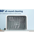 Compact Countertop Dishwasher Packed With Six Quick Wash Cycles And Blast Hot Dry Tech showing 360° all-round cleaning in action.