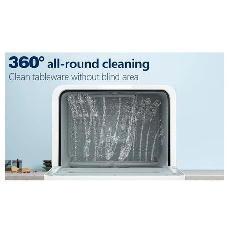 Compact Countertop Dishwasher Packed With Six Quick Wash Cycles And Blast Hot Dry Tech showing 360° all-round cleaning in action.