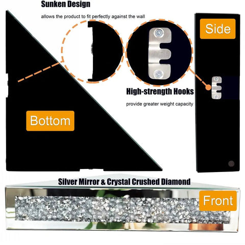 Dope Triangular Floating Corner Shelves Set Of 2 In Silver Mirror Finish With Crushed Diamond Under Glass, side and front view