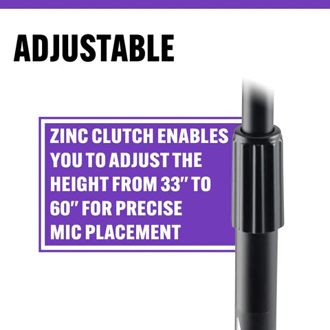 Adjustable zinc clutch on No Fuss Setup Heavy Duty Mic Stand For Live Gig Or Bedroom Studio Adjustable To Sixty Inches.