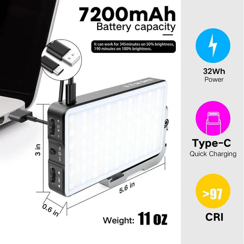 Pro-Grade Pocket RGB LED Video Light With 7200mAh Battery, 150 LEDs, Type-C charging, shown next to a laptop for size reference.