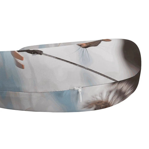 Close-up of Skiing Squirrel Travel Pillow For Neck Support U Shaped Napping Cushion, showing zip and squirrel ski design