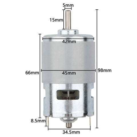 12V 10000 RPM Mini Gear Motor With All Metal Gears And High Torque dimensions labeled, 45mm diameter, 70mm length geared box.