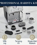 Killer Home Barista Setup Featuring Precision Conical Burr Grinder And Auto Milk Frother For Slick Bean To Cup Espresso And Creamy Cappuccinos Made Fresh Daily with barista tools and milk jug.
