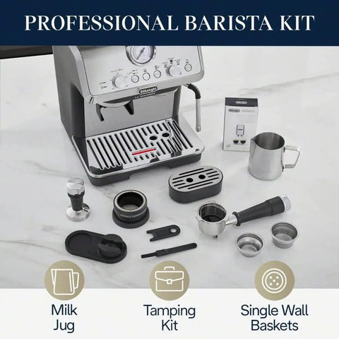 Killer Home Barista Setup Featuring Precision Conical Burr Grinder And Auto Milk Frother For Slick Bean To Cup Espresso And Creamy Cappuccinos Made Fresh Daily with barista tools and milk jug.