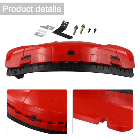 Heavy Duty String Trimmer Guard Shield with metal connector and screws for 28mm shaft, shown with installation components.