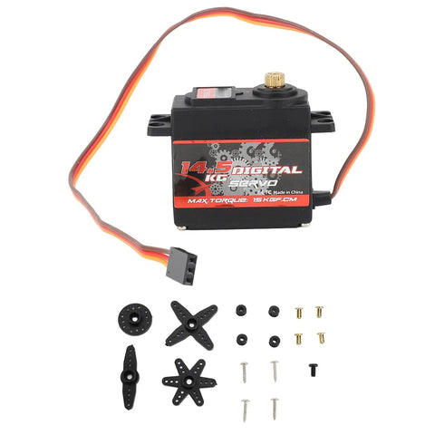 Heavy Duty Full Metal Gear RC Servo Motor Delivering Hella Badass Torque For Rugged Crawlers And Custom Robots Rock Solid Pro Level Drive System 14.5 KG Load Capacity with accessories.