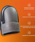 Extra Thick Waterproof Neoprene Work Knee Pads with brown synthetic leather, single strap, on orange background.