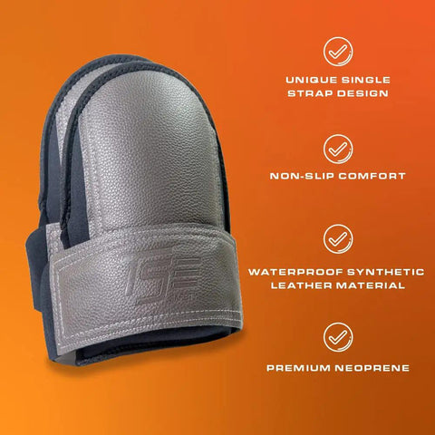 Extra Thick Waterproof Neoprene Work Knee Pads with brown synthetic leather, single strap, on orange background.