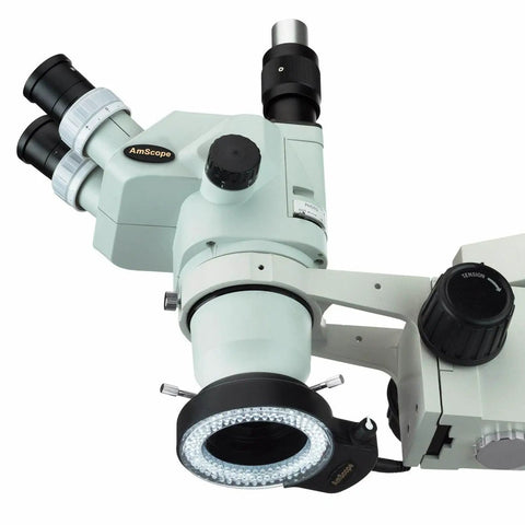 Intensity Adjustable 144 LED Ring Light for Stereo Microscopes with Built In Dimmer, Compact Mounting Up To 2.48 Inches, 110V to 240V Wide Voltage, Shadow Free Illumination for Sharp Macro Work attached to stereo microscope