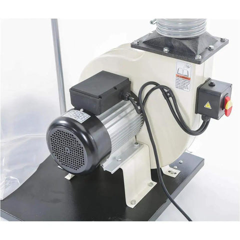 Professional Grade Heavy Duty Two HP Dust Collector Heavy Hitting Beast With Massive Twelve Inch Impeller Pumping One Thousand Five Hundred CFM Straight To Your Shop In White motor and impeller close-up.