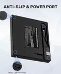 5 In 1 External Optical Drive With USB 3.0 And Type C Hub Portable CD DVD Burner And Disc Player Reads CDs And DVDs Includes USB A And USB C 2.0 Ports SD Card Slot Compatible With External Hard Drives Mice And Keyboards. black external optical drive with anti-slip feet and Micro USB 5V power port