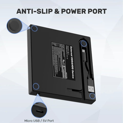 5 In 1 External Optical Drive With USB 3.0 And Type C Hub Portable CD DVD Burner And Disc Player Reads CDs And DVDs Includes USB A And USB C 2.0 Ports SD Card Slot Compatible With External Hard Drives Mice And Keyboards. black external optical drive with anti-slip feet and Micro USB 5V power port