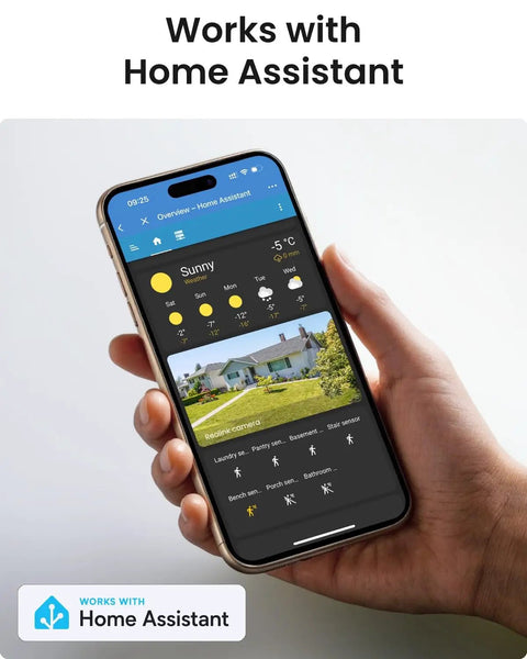 Smartphone displaying home assistant interface with weather and security camera feed. Text reads 'Works with Home Assistant'. Person holding phone.