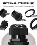 Six Pack One Half Inch NPT Black Adjustable Cable Glands IP68 Waterproof Electrical Connectors Nylon Cord Grips Strain Relief For Electrical Boxes No Fuss Install showing seal, body, washer, lock nut